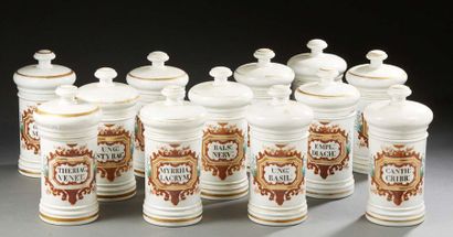 PARIS Suite de douze pots d'apothicairie couverts en porcelaine décorée d'inscriptions...