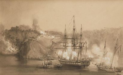 AUGUSTE MAYER (Brest 1805-1890) 
Canonnade dans un port avec un bâtiment fortifié
Bataille...