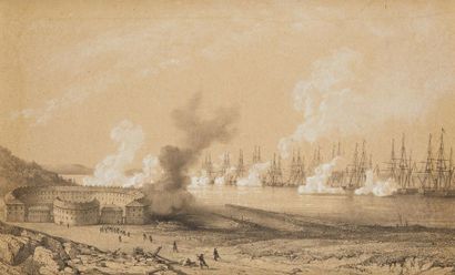 AUGUSTE MAYER (Brest 1805-1890) 
Cannonade in a harbour with a fortified
building...