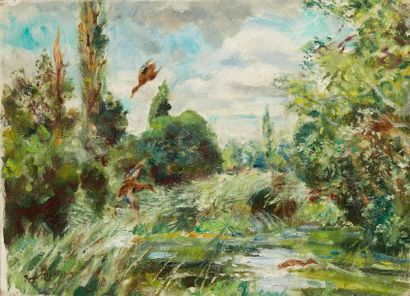 Roger REBOUSSIN (1881-1965) 
Envol des colverts
Oil on canvas signed lower left.
33...