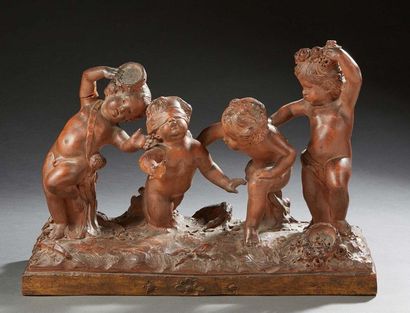 null IMPORTANT GROUP in patinated clay featuring four puttis players and musicians....