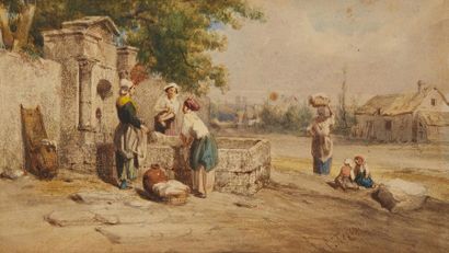 Louis TESSON (1820-1870) 
Washerwoman near the fountain
Watercolour signed lower...