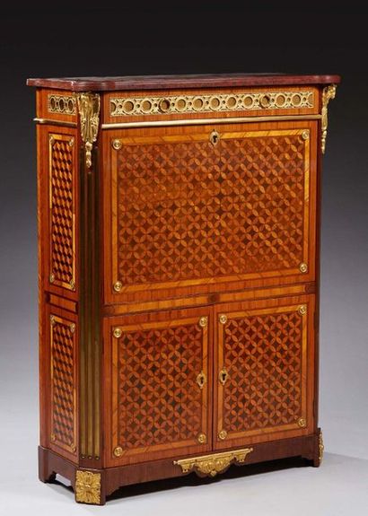 null SECRETARY with inlaid flap of interlocking circles of tobacco and rosewood in...