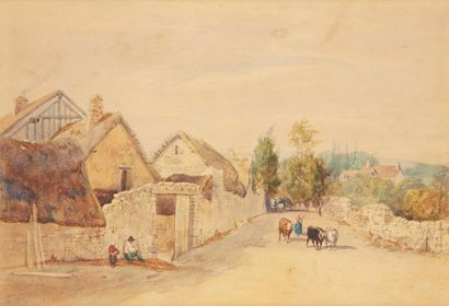 LOUIS TESSON (Calais 1820-1870) 
Le retour du troupeau
Aquarelle sur traits de crayon...