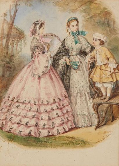 ANAÏS TOUDOUZE (PARIS 1822-1899) 
Two elegant crinoline ladies and a young child...