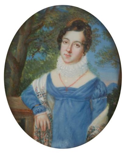 École FRANÇAISE vers 1810 
Jeune femme accoudée 
Gouache ovale 8,5 x 7 cm