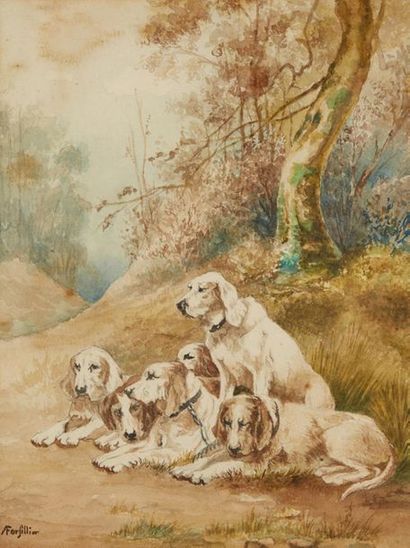 Roger REBOUSSIN (1881-1965) 

Watercolor hunting dogs on paper, signed lower right....