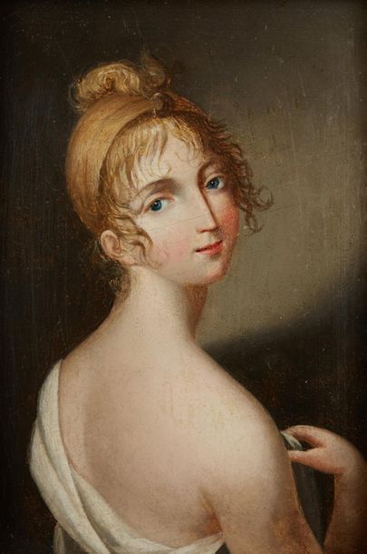 Ecole FRANCAISE vers 1800 
Figure de jeune femme
Panneau préparé
19 x 13,5 cm
