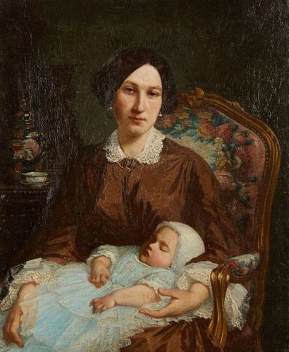 École FRANÇAISE de la fin du XIXe siècle 
Femme et son bébé
Huile sur toile (craquelures...