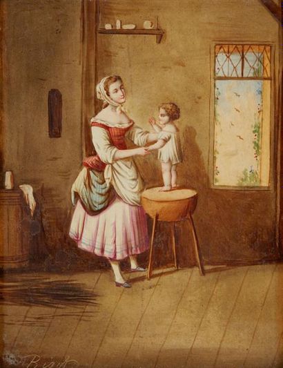 EUGÈNE BIGOT (1867 - 1931) 
Mère et son enfant
Paire de porcelaines
Signées en bas...