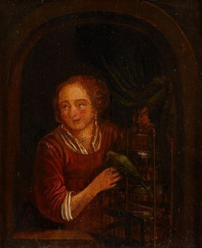 ÉCOLE HOLLANDAISE DU XIXE SIÈCLE, d'après GERRIT DOU Birdcage
Woman Oak panel (restorations)
23...