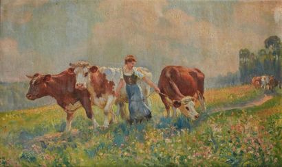 RAYMOND LOUIS LECOURT (Le Havre 1882 - Fontaine la Mallet 1946) 
Bergère et ses vaches
Sur...