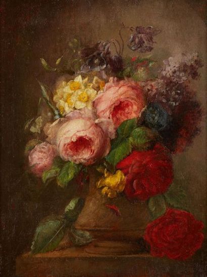 Ecole Française vers 1900 
Bouquet de fleurs dans un vase
Panneau
29 x 22 cm