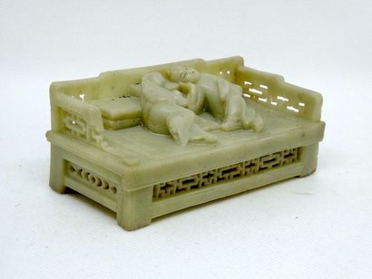 null CHINA



Nephrite group depicting a couple lying on a bench having tea. Dim...