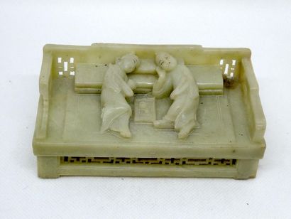 null CHINA



Nephrite group depicting a couple lying on a bench having tea. Dim...