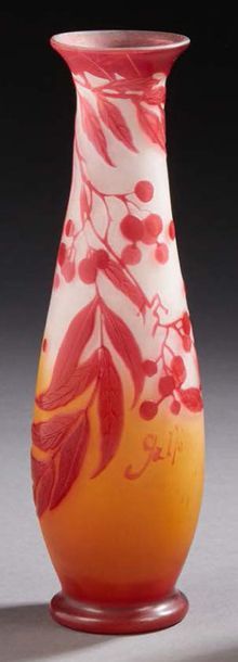 ÉTABLISSEMENTS GALLÉ 
Piriform glass vase lined with bunches of fruit and foliage...