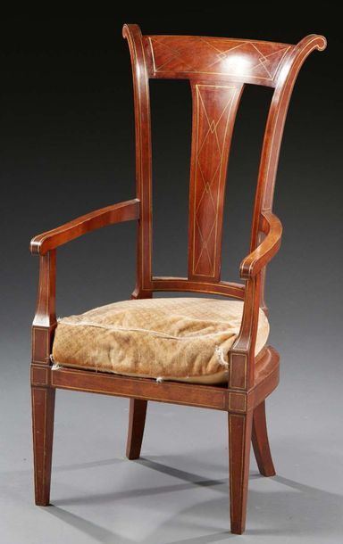 THEODORE LAMBERT (NÉ EN 1857) 
Mahogany armchair with brass filet inlays, curved...