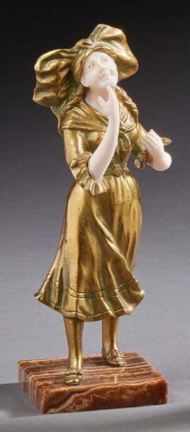 Louis BARTHELEMY (XIX-XXème) 
Sculpture chryséléphantine en bronze doré et ivoire...