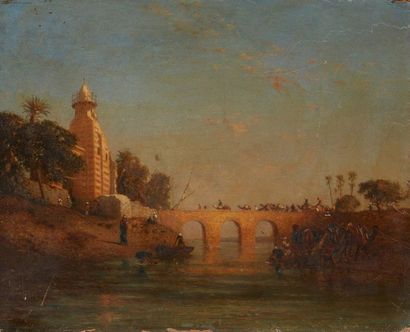 Narcisse BERCHERE (1819-1891) 
The arrival of the caravan
Oil on panel
Signed lower...