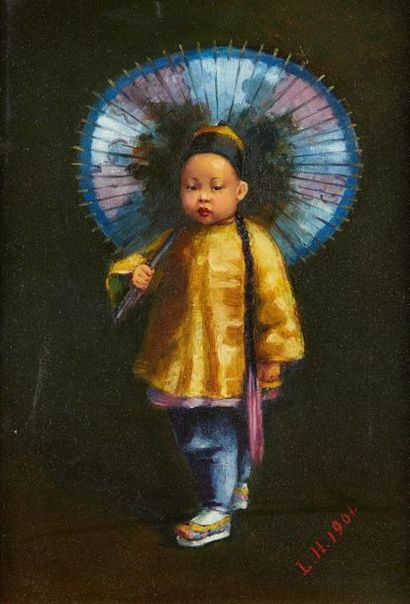 L.H (XIX-XX) 
Enfant à l'ombrelle, 1901
Huile sur toile
Monogrammée et datée en bas...