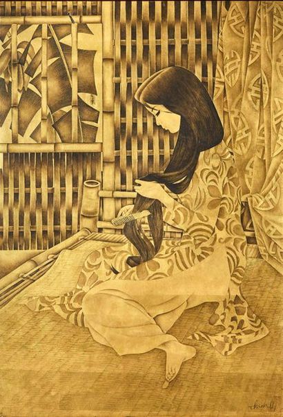 THANH LE (1931) 
The hairstyle
Golden lacquered wooden panel
Signed lower right
95...