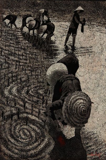 THANH LE (1931) 
Bords de rizières
Panneau en laque noire à décor incrusté à la coquille...