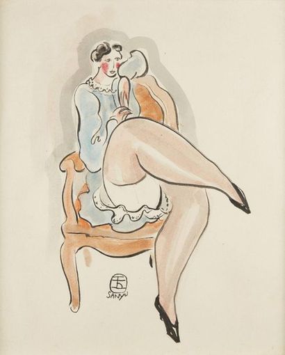 SANYU (1895-1966) 
Femme assise au fauteuil
Aquarelle sur traits à la mine de plomb... Gazette Drouot