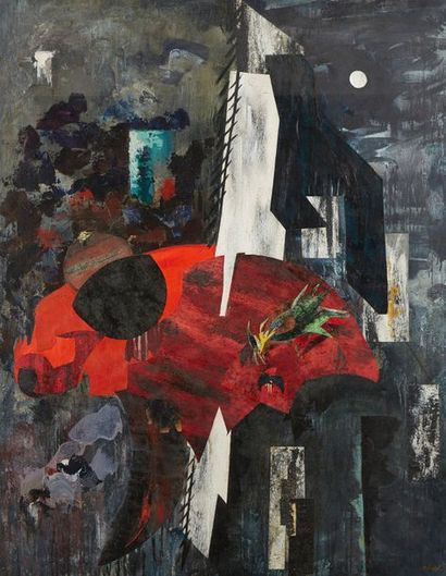 Charlotte HENSCHEL (1905-1985) 
***Abstract composition, 1964
Oil on canvas and collage
Signed...