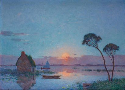Ferdinand Loyen du PUIGAUDEAU (1864-1930) Coucher de soleil sur la grande brière,...