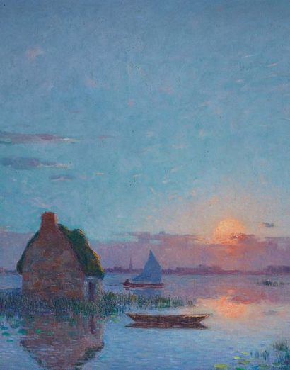 Ferdinand Loyen du PUIGAUDEAU (1864-1930) Coucher de soleil sur la grande brière,...