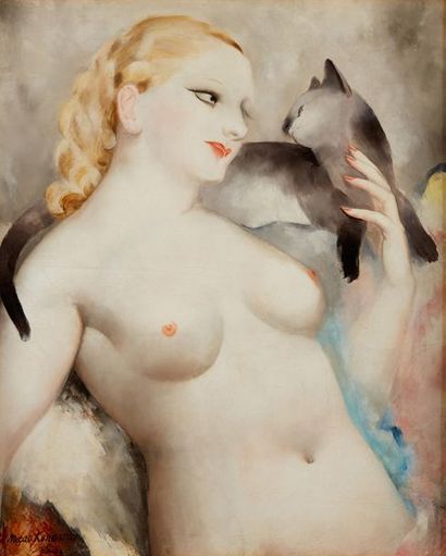 Micao KONO (1900-1979) 
***Femme au chat, 1934
Huile sur toile
Signée en bas à gauche,...