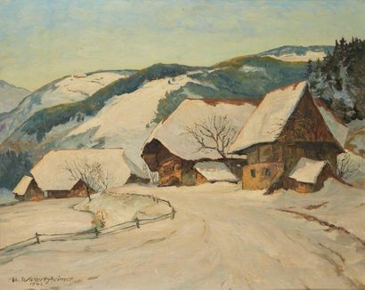 WILHEM WIKERTSHEIMER (1886-1968) 
Chalet sous la neige, 1942
Huile sur panneau
Signée...