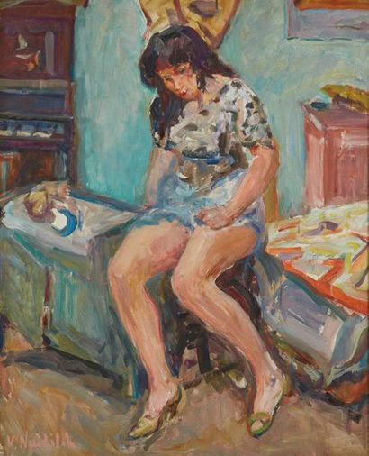 Vladimir NAIDITCH (1903-1980) 
Femme dans son intérieur
Huile sur toile
Signée en...