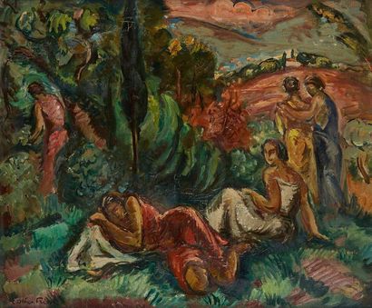 Emile Othon Friesz (1879-1949) 
Personnage dans un paysage
Huile sur toile
Signée...