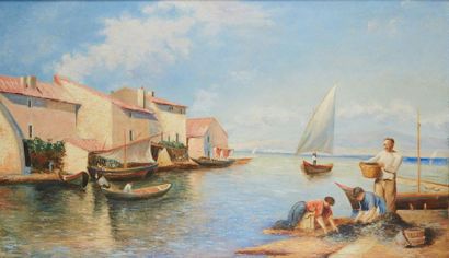 MARIE-CLAIRE NOIZEUX (XX) 
Fisherman in a Mediterranean village
Oil on isorel
Signed...