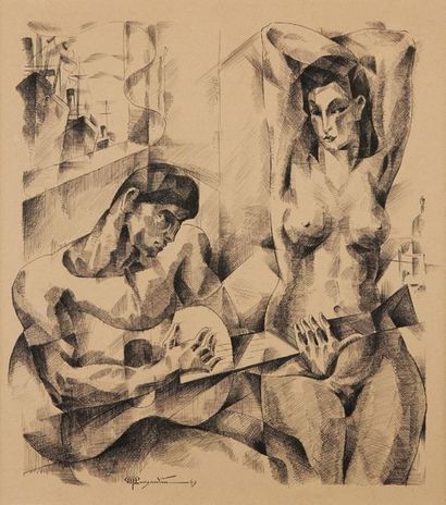 LOUIS MARGANTIN (1900-1965) 
***Naked couple playing guitar, 1943
Ink drawing
Signed...