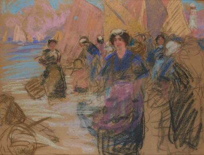 Karpo TCHIRAKHOFF (1878-1913) 
Scène de port
Pastel sur carton
Signé en bas à gauche...