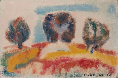 Elvire JAN (1904-1996) 
Personnage dans un paysage
Huile sur panneau
Signée en bas...