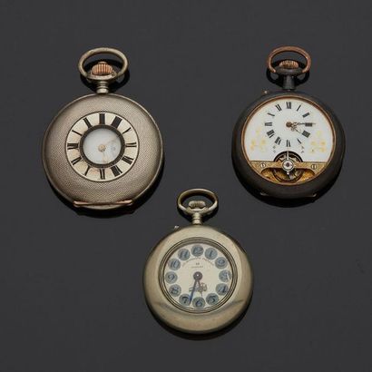 null Trois montres de gousset a système en argent et acier.
Epoque XIXe siècle.
Poids...