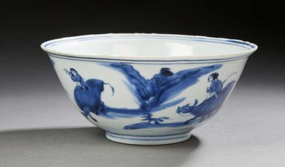CHINE XVIIIe siècle * Large porcelain bowl decorated in blue with a cowherd on his...