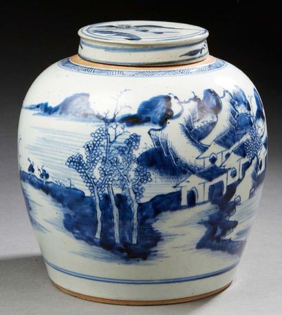 CHINE XXe siècle Porcelain ginger pot with blue decoration under a lake landscape...