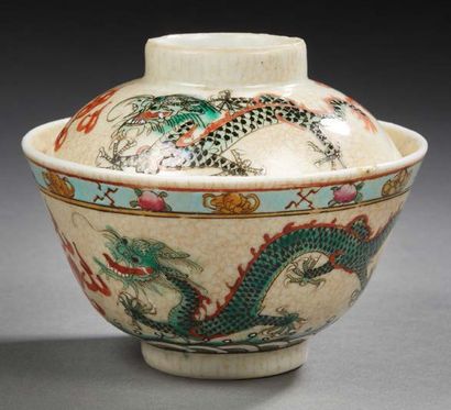 CHINE * Bowl and sherbet decorated with a green dragon on a cream background. Marked...