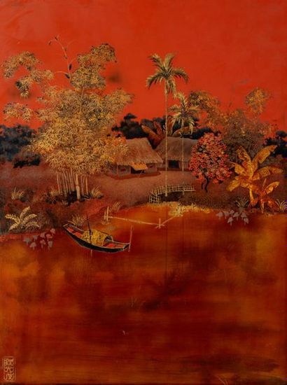 VIETNAM XXe siècle Panneau en laque fond rouge figurant une jonque dans un paysage...
