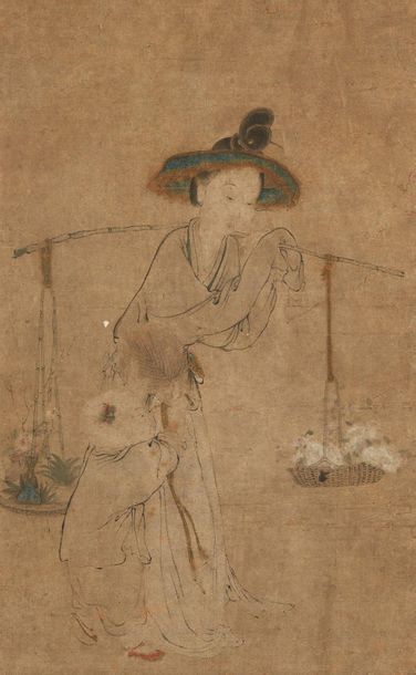 Chine XIXe siècle Ink and colours on paper, young woman carrying a felrus palanquin,...
