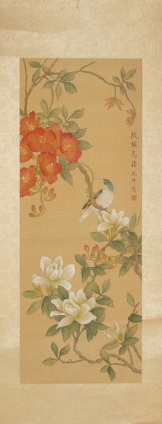 CHINE XXe siècle Two inks and colours on silk, bird among camellias and bird among...