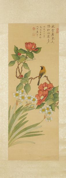 CHINE XXe siècle Two inks and colours on silk, bird among camellias and bird among...