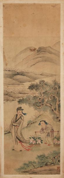 Chine XIXe siècle * Characters in mountainous landscapes.
Pair of paintings on paper....