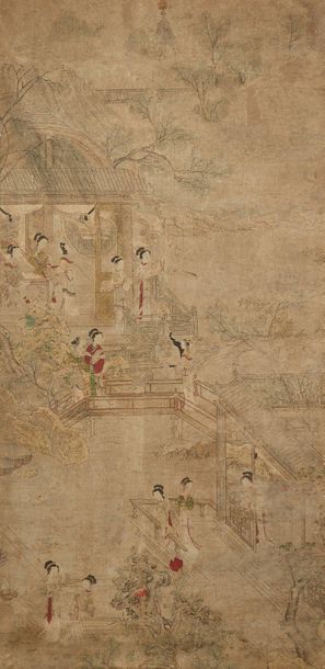Chine XIXe siècle Ink and colours on paper, young women walking in gardens and pavilions,...