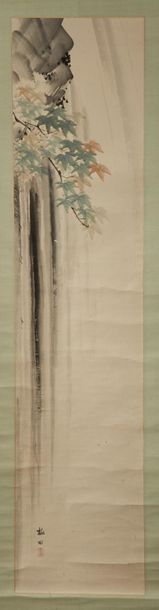 JAPON XXE SIECLE * Ensemble de trois rouleaux, encre sur papier marouflé sur tissu.
Dans...