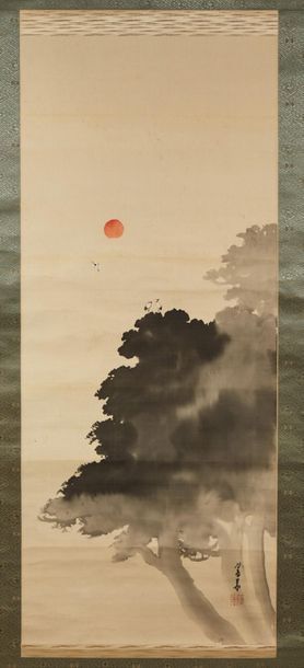 JAPON XXE SIECLE * Set of three rolls, ink on paper marouflé on fabric.
In wooden...